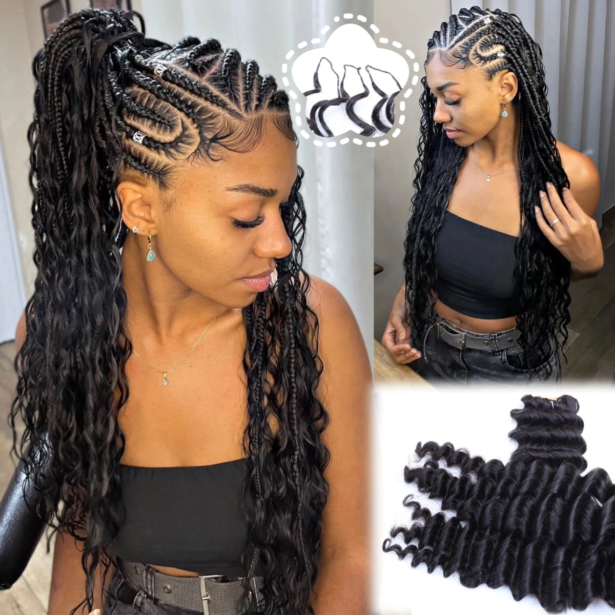 Hair Bundles - Natuurlijk zwart, diepgegolfd, met veren versierd,